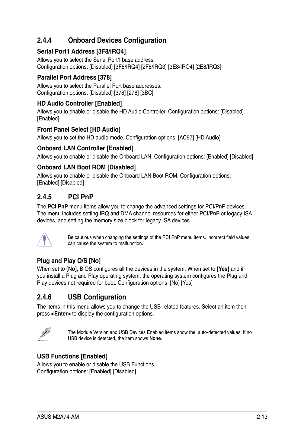 4 onboard devices configuration, 5 pci pnp, 6 usb configuration | Onboard devices configuration -13, Pci pnp -13, Usb configuration -13 | Asus M2A74-AM User Manual | Page 51 / 58