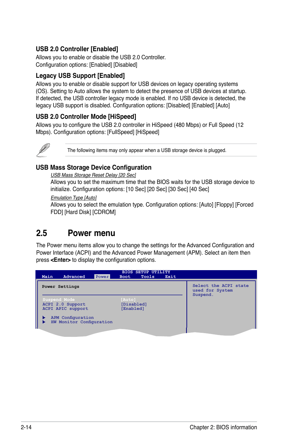 5 power menu, Power menu -14, Usb 2.0 controller [enabled | Legacy usb support [enabled, Usb 2.0 controller mode [hispeed, Usb mass storage device configuration | Asus M2A74-AM User Manual | Page 52 / 58