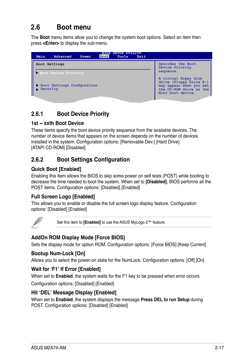 6 boot menu, 1 boot device priority, 2 boot settings configuration | Boot menu -17 2.6.1, Boot device priority -17, Boot settings configuration -17 | Asus M2A74-AM User Manual | Page 55 / 58