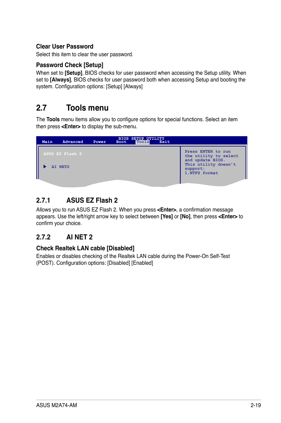 7 tools menu, 1 asus ez flash 2, 2 ai net 2 | Tools menu -19 2.7.1, Asus ez flash 2 -19, Ai net 2 -19 | Asus M2A74-AM User Manual | Page 57 / 58
