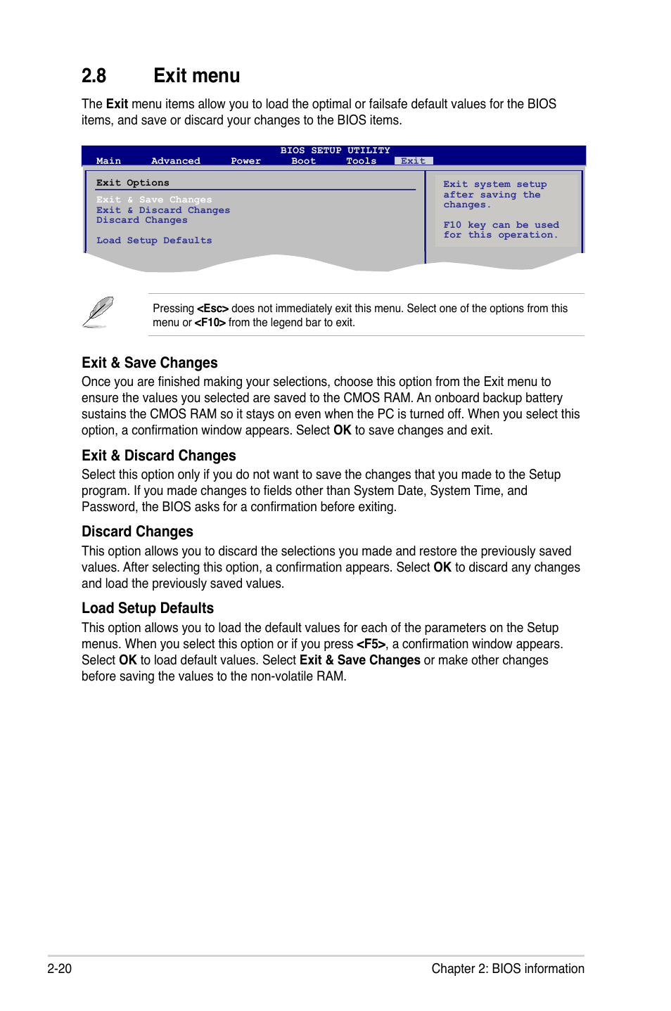 8 exit menu, Exit menu -20, Exit & save changes | Exit & discard changes, Discard changes, Load setup defaults | Asus M2A74-AM User Manual | Page 58 / 58