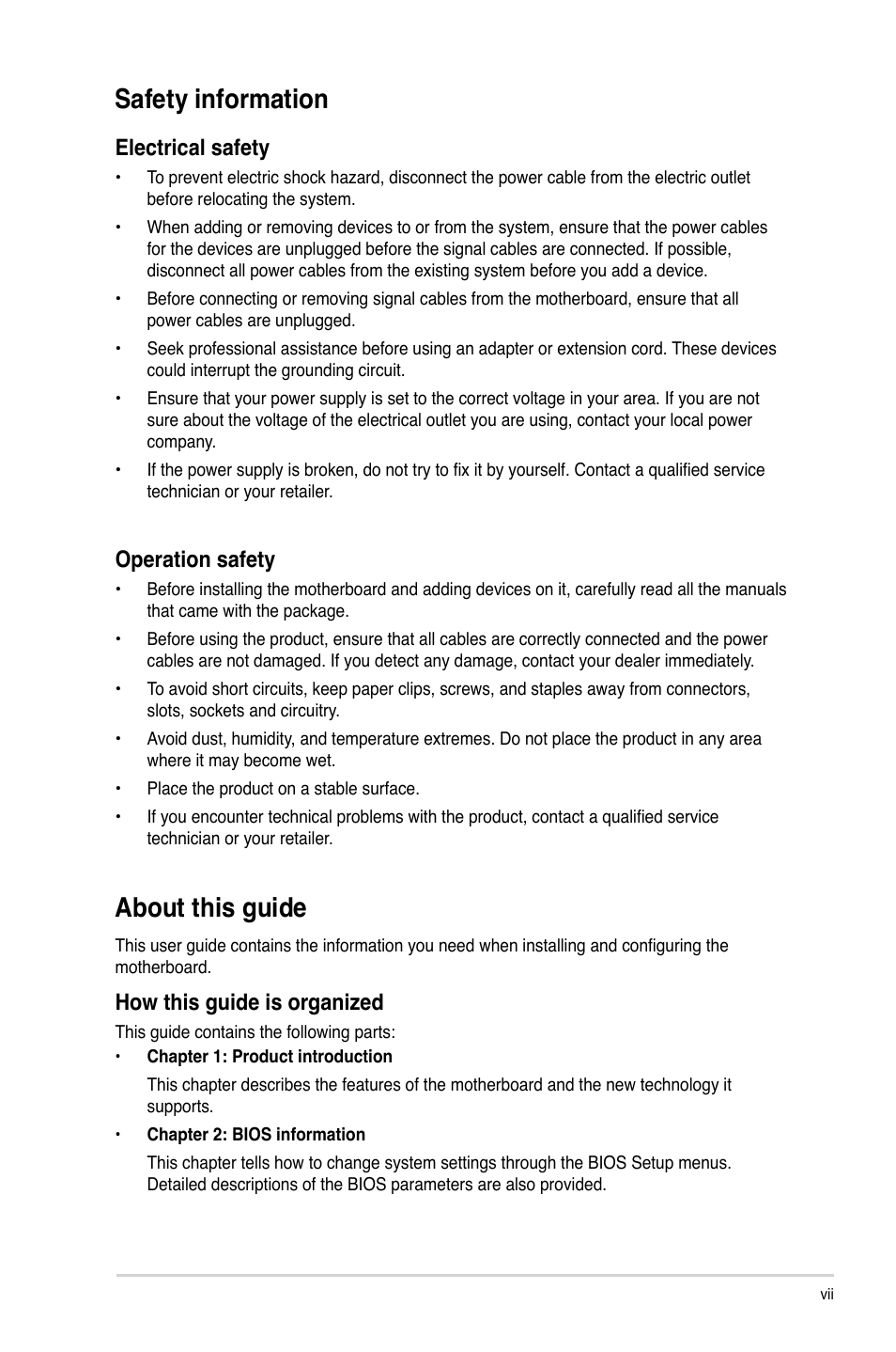 About this guide, Safety information, Electrical safety | Operation safety, How this guide is organized | Asus M2A74-AM User Manual | Page 7 / 58