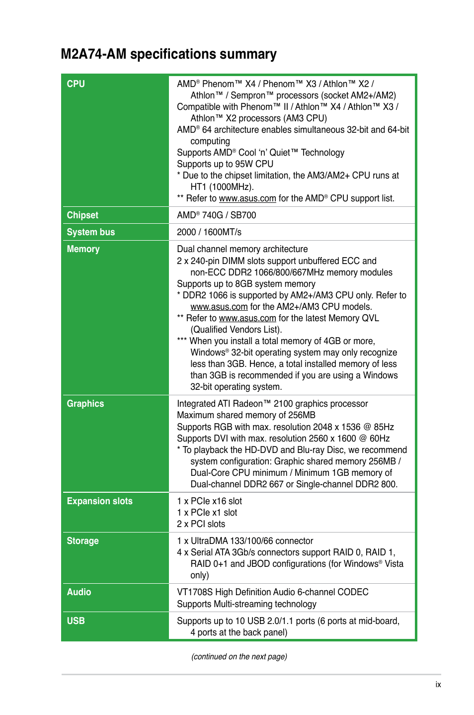 M2a74-am specifications summary | Asus M2A74-AM User Manual | Page 9 / 58