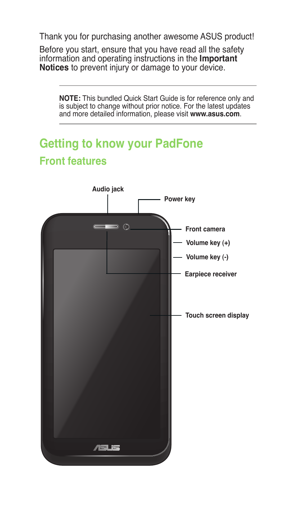 Getting to know your padfone, Front features | Asus PadFone User Manual | Page 3 / 10