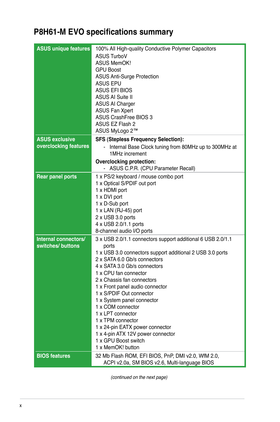 P8h61-m evo specifications summary | Asus P8H61-M EVO User Manual | Page 10 / 76