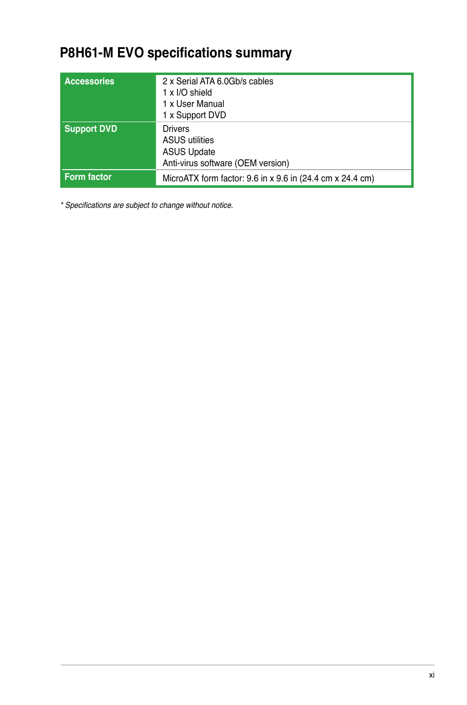 P8h61-m evo specifications summary | Asus P8H61-M EVO User Manual | Page 11 / 76
