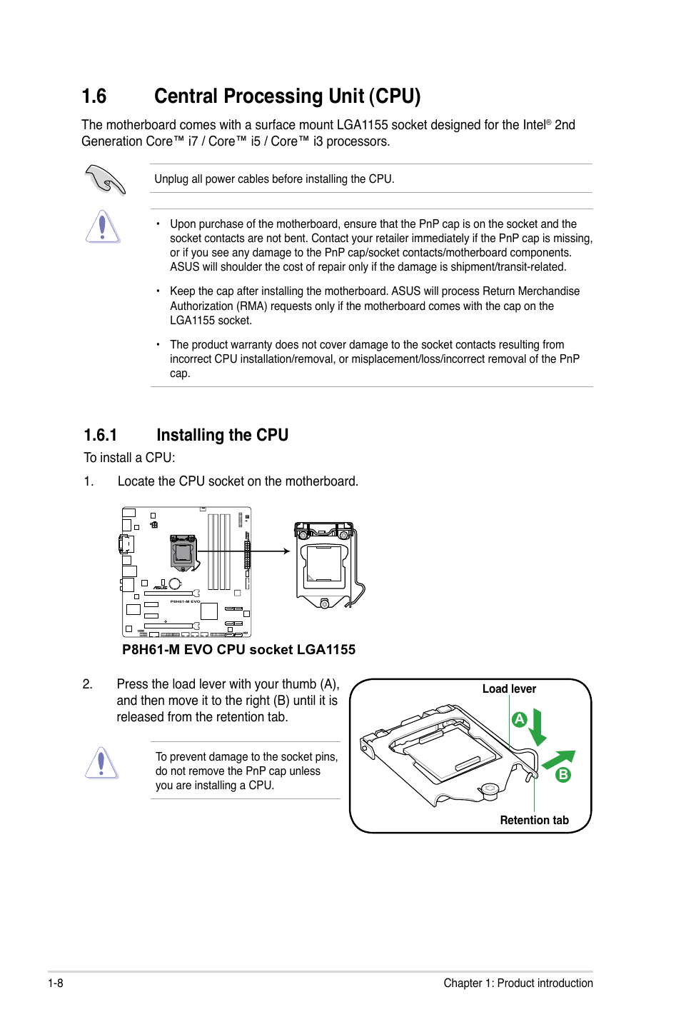 6 central processing unit (cpu), 1 installing the cpu, Central processing unit (cpu) -8 1.6.1 | Installing the cpu -8 | Asus P8H61-M EVO User Manual | Page 20 / 76