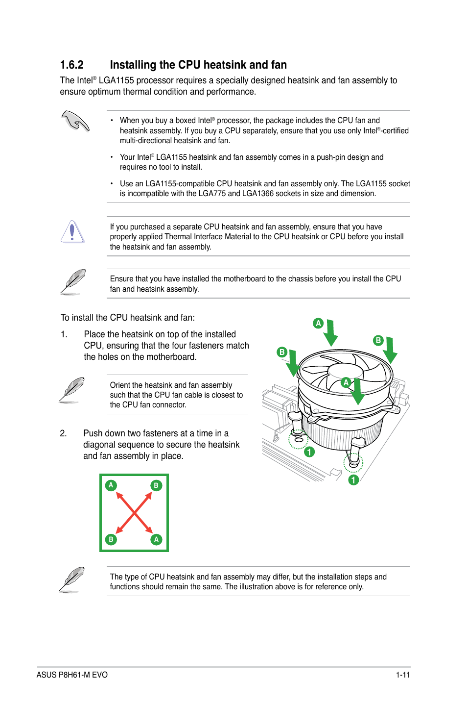 2 installing the cpu heatsink and fan, Installing the cpu heatsink and fan -11 | Asus P8H61-M EVO User Manual | Page 23 / 76