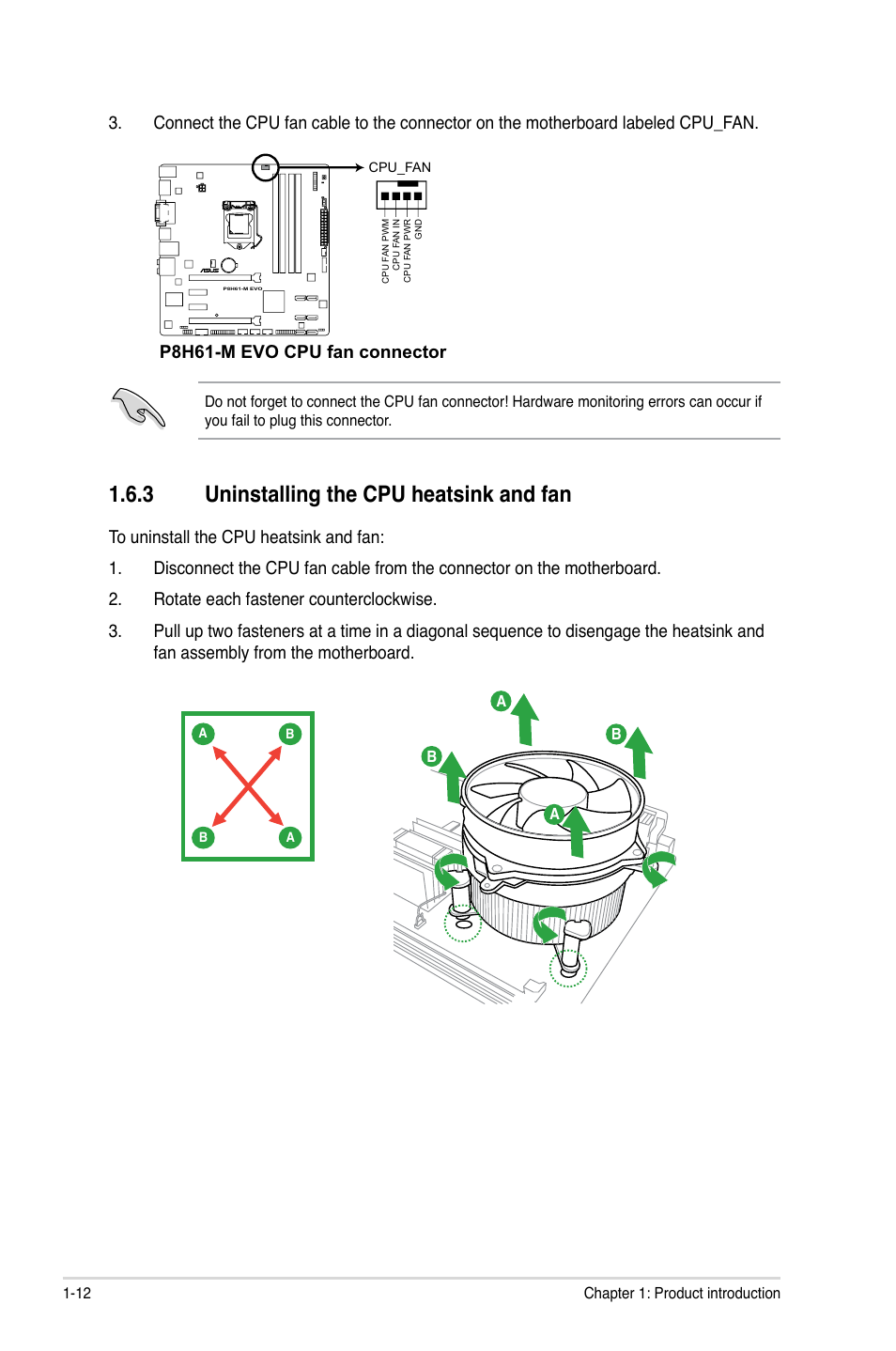 3 uninstalling the cpu heatsink and fan, Uninstalling the cpu heatsink and fan -12, P8h61-m evo cpu fan connector | Asus P8H61-M EVO User Manual | Page 24 / 76