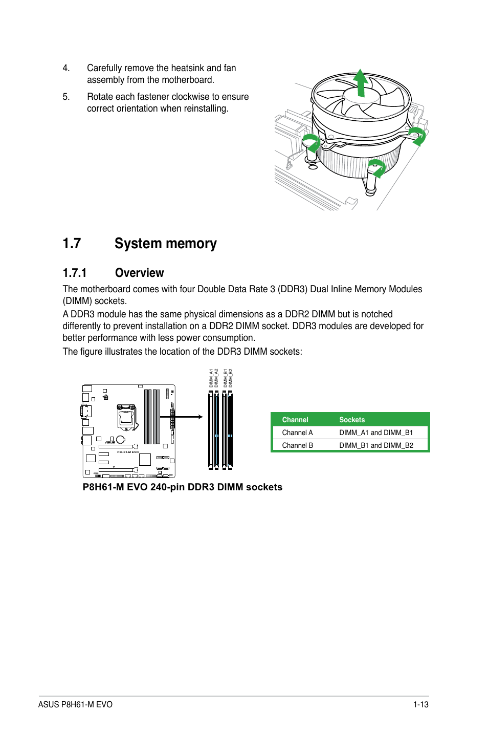 7 system memory, 1 overview, System memory -13 1.7.1 | Overview -13 | Asus P8H61-M EVO User Manual | Page 25 / 76