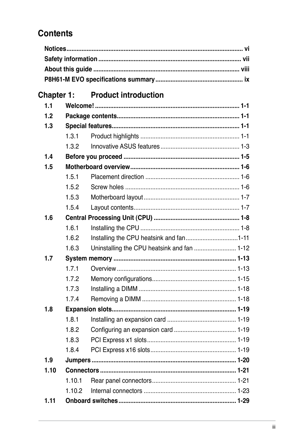 Asus P8H61-M EVO User Manual | Page 3 / 76