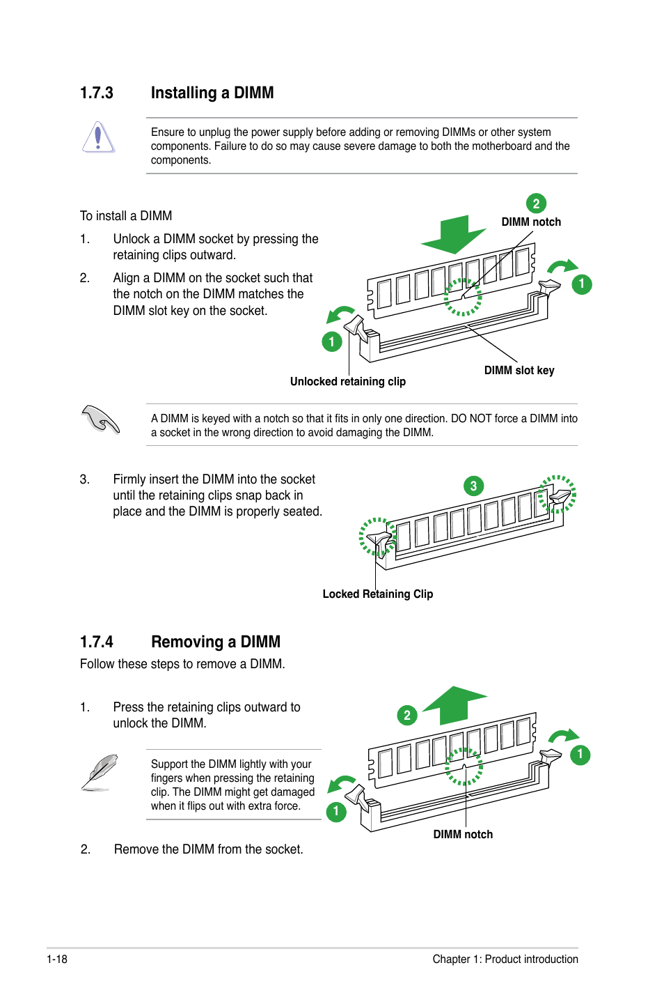 3 installing a dimm, 4 removing a dimm, Installing a dimm -18 | Removing a dimm -18 | Asus P8H61-M EVO User Manual | Page 30 / 76