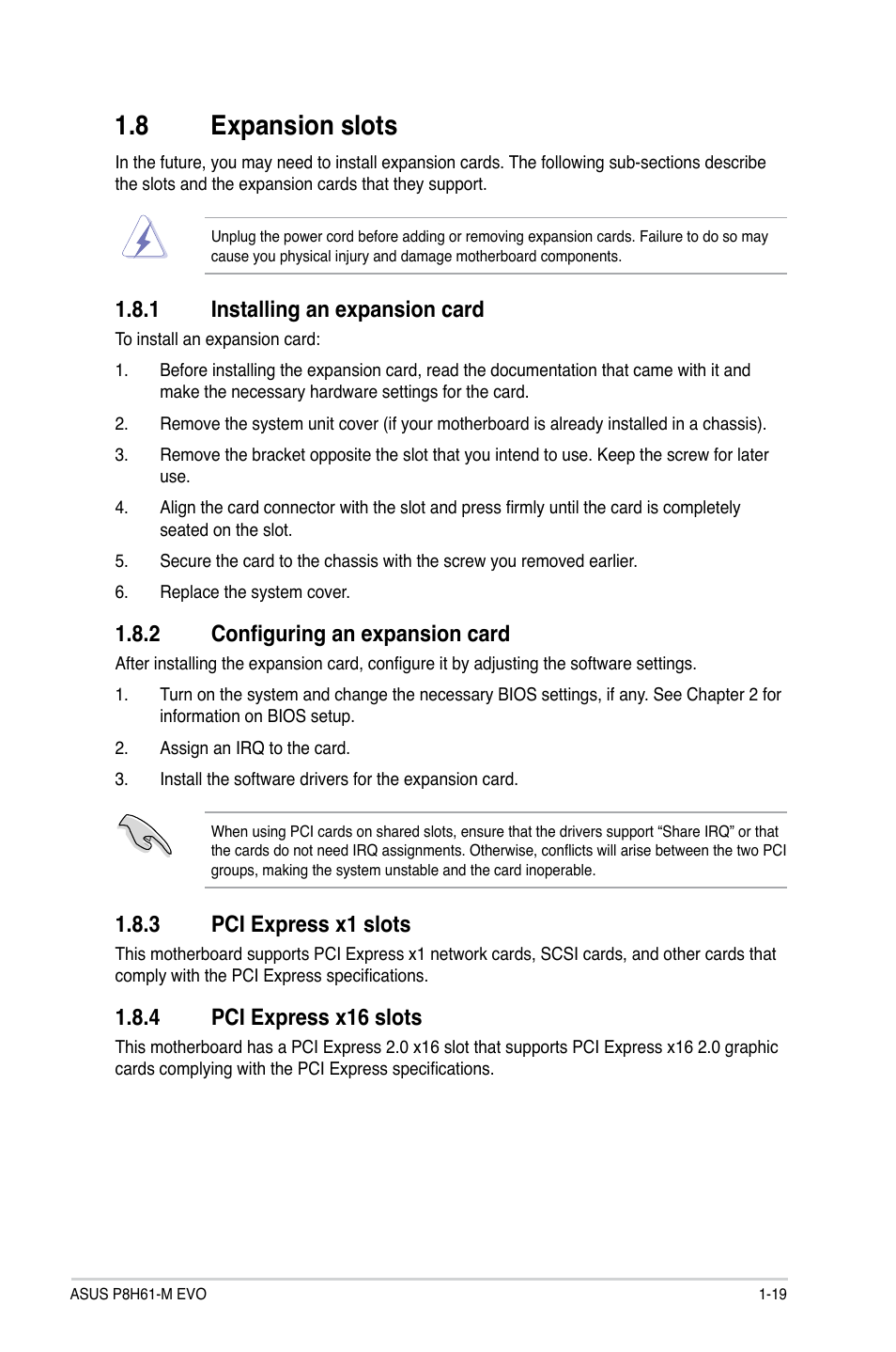 8 expansion slots, 1 installing an expansion card, 2 configuring an expansion card | 3 pci express x1 slots, 4 pci express x16 slots, Expansion slots -19 1.8.1, Installing an expansion card -19, Configuring an expansion card -19, Pci express x1 slots -19, Pci express x16 slots -19 | Asus P8H61-M EVO User Manual | Page 31 / 76
