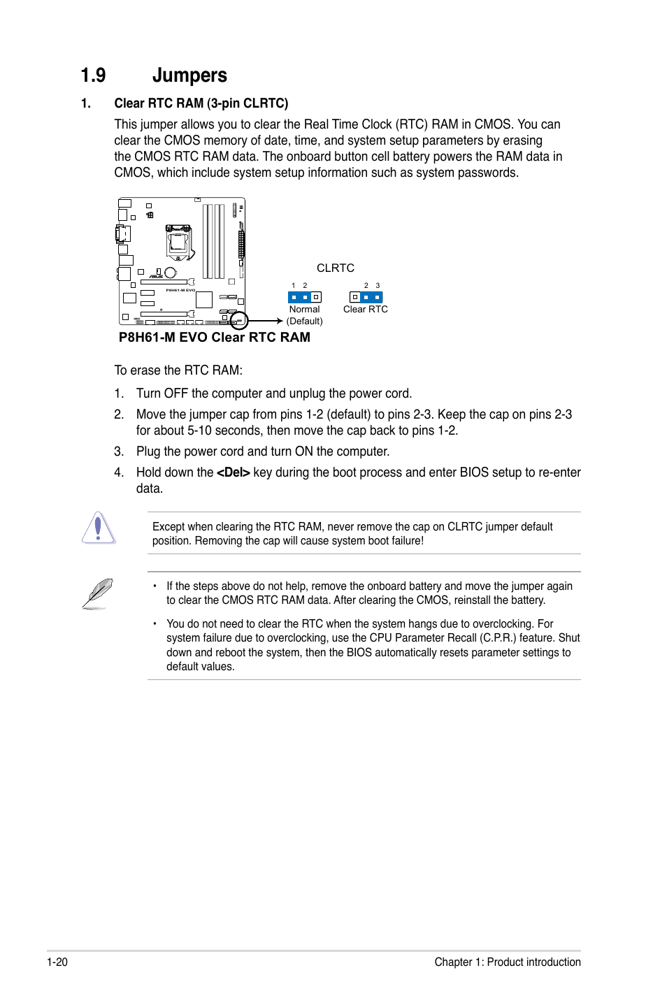 9 jumpers, Jumpers -20 | Asus P8H61-M EVO User Manual | Page 32 / 76
