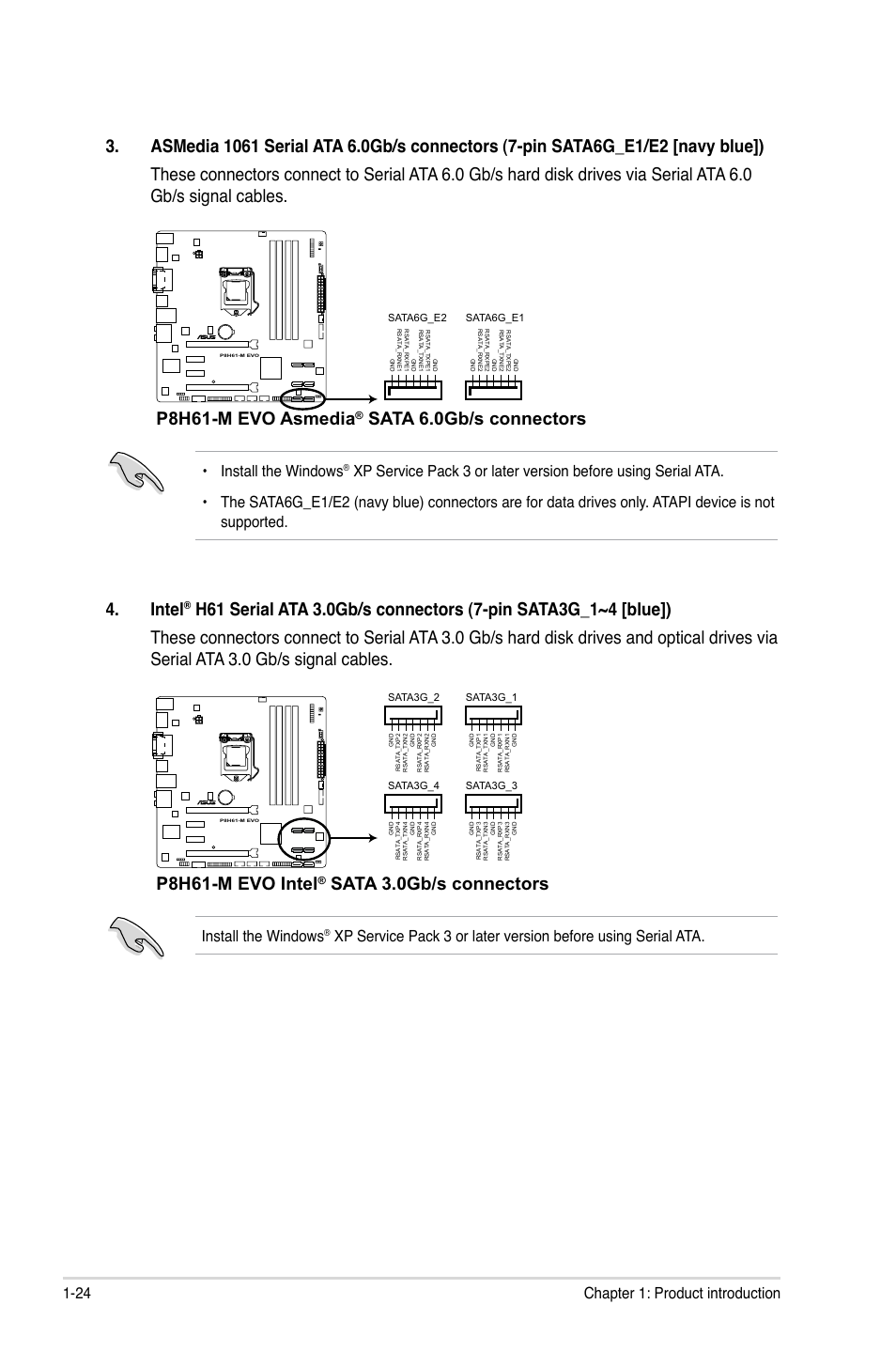 Intel, P8h61-m evo asmedia, Sata 6.0gb/s connectors | P8h61-m evo intel, Sata 3.0gb/s connectors, 24 chapter 1: product introduction, Install the windows | Asus P8H61-M EVO User Manual | Page 36 / 76