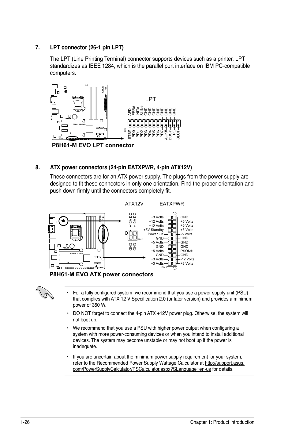 P8h61-m evo lpt connector, P8h61-m evo atx power connectors | Asus P8H61-M EVO User Manual | Page 38 / 76