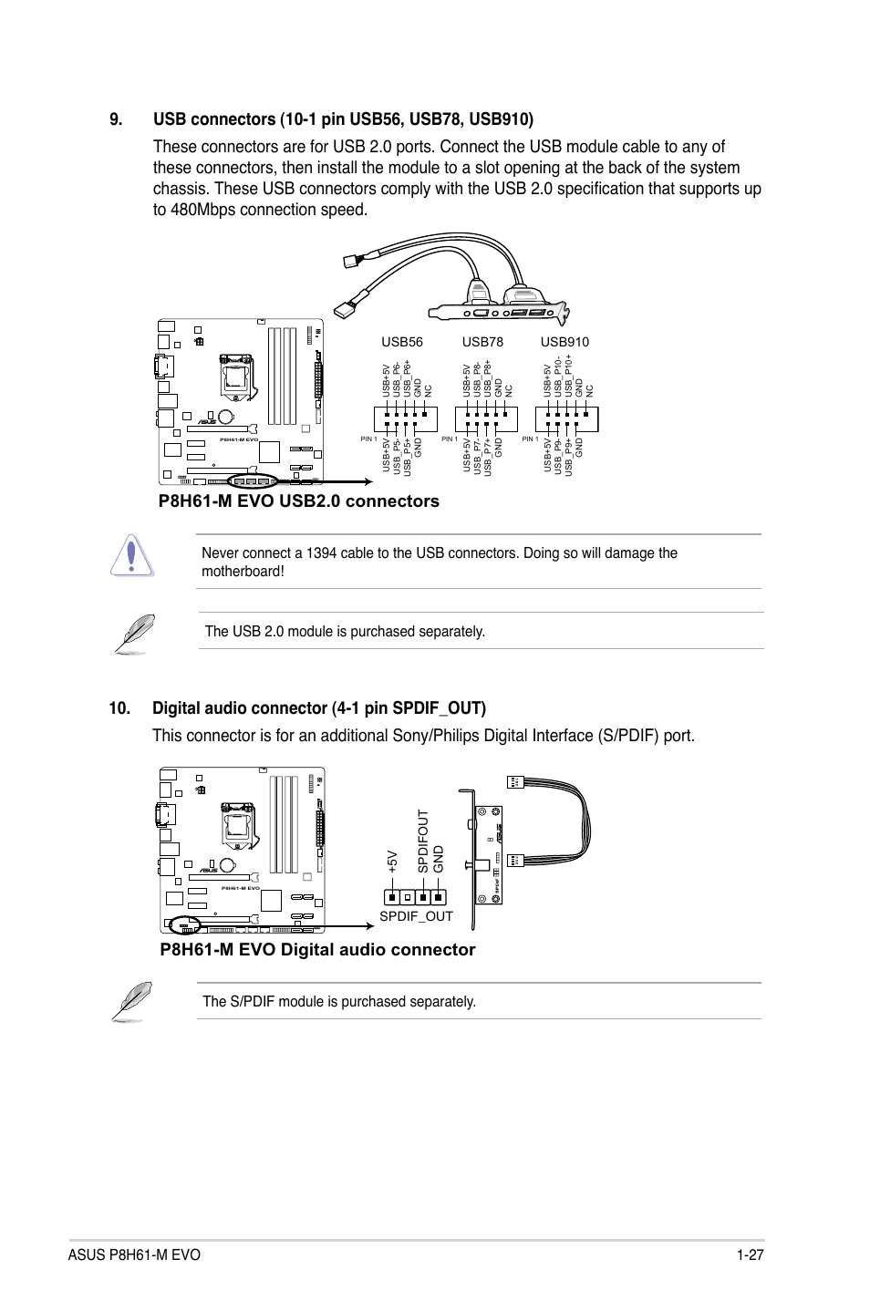 P8h61-m evo digital audio connector, The s/pdif module is purchased separately | Asus P8H61-M EVO User Manual | Page 39 / 76