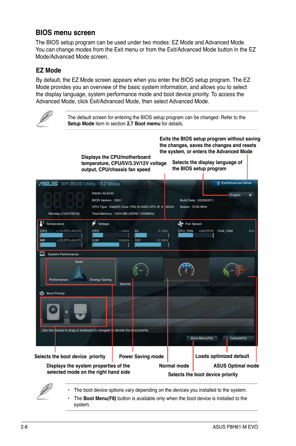Bios menu screen, Ez mode, 8 asus p8h61-m evo | Asus P8H61-M EVO User Manual | Page 52 / 76