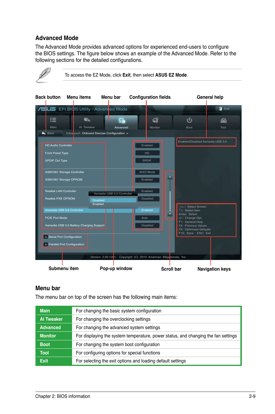 Advanced mode, Menu bar, Chapter 2: bios information 2-9 | Navigation keys | Asus P8H61-M EVO User Manual | Page 53 / 76
