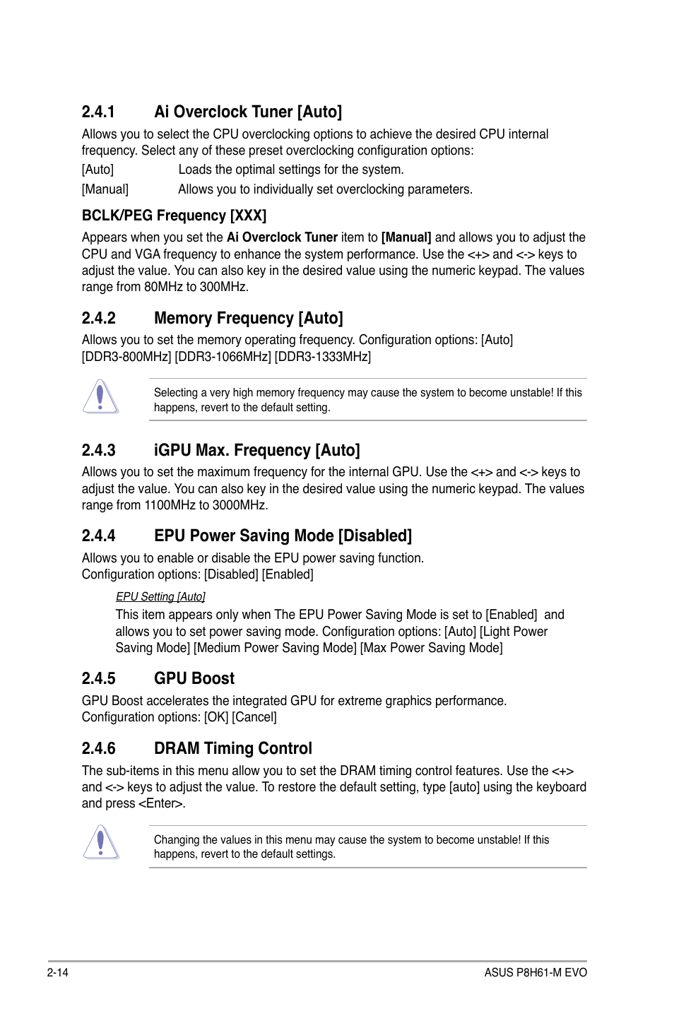 1 ai overclock tuner [auto, 2 memory frequency [auto, 3 igpu max. frequency [auto | 4 epu power saving mode [disabled, 5 gpu boost, 6 dram timing control, Ai overclock tuner [auto] -14, Memory frequency [auto] -14, Igpu max. frequency [auto] -14, Epu power saving mode [disabled] -14 | Asus P8H61-M EVO User Manual | Page 58 / 76