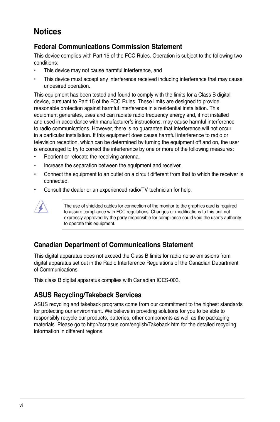 Notices, Federal communications commission statement, Canadian department of communications statement | Asus recycling/takeback services | Asus P8H61-M EVO User Manual | Page 6 / 76