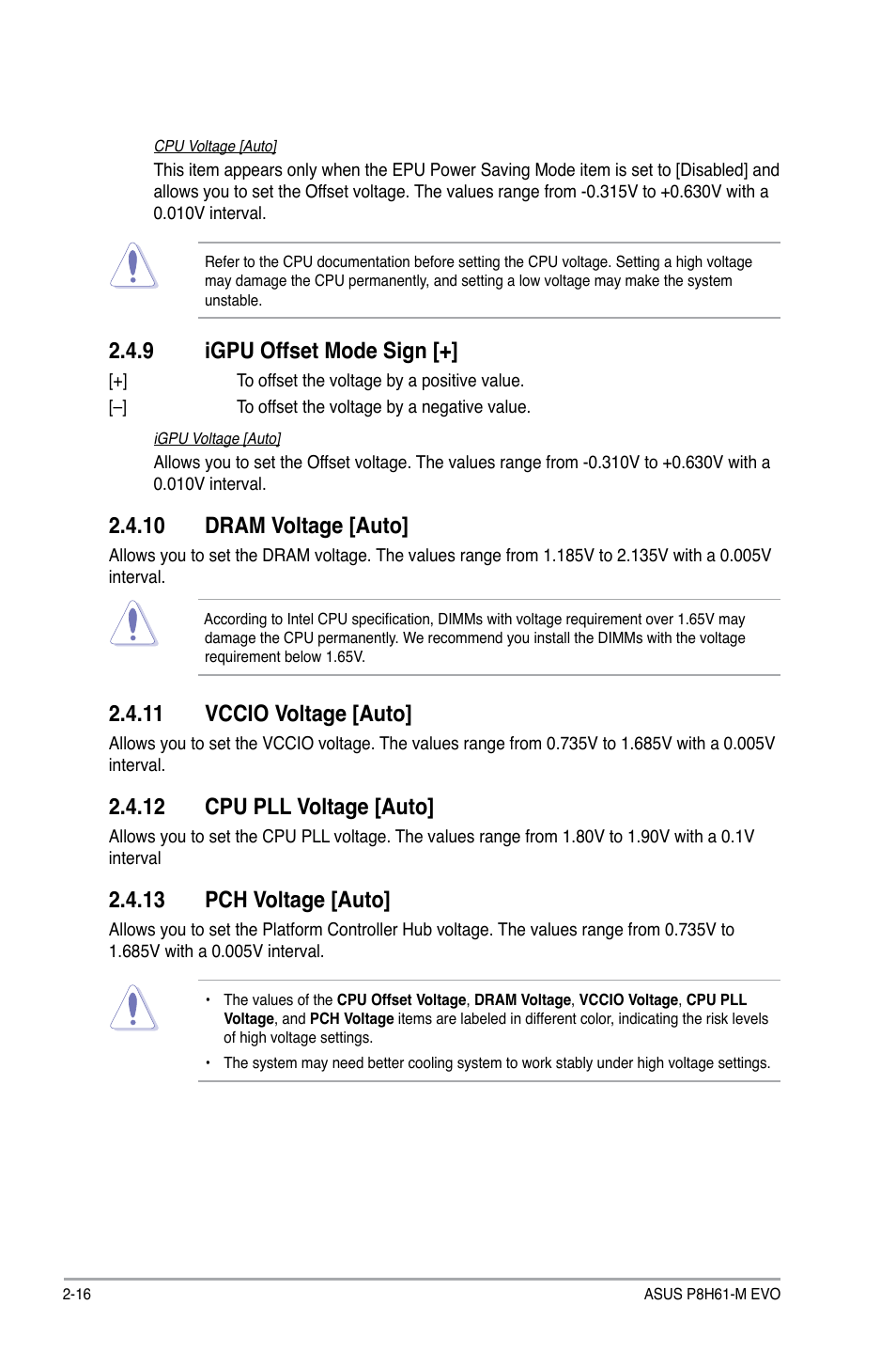 9 igpu offset mode sign, 10 dram voltage [auto, 11 vccio voltage [auto | 12 cpu pll voltage [auto, 13 pch voltage [auto, Igpu offset mode sign [+] -16 | Asus P8H61-M EVO User Manual | Page 60 / 76