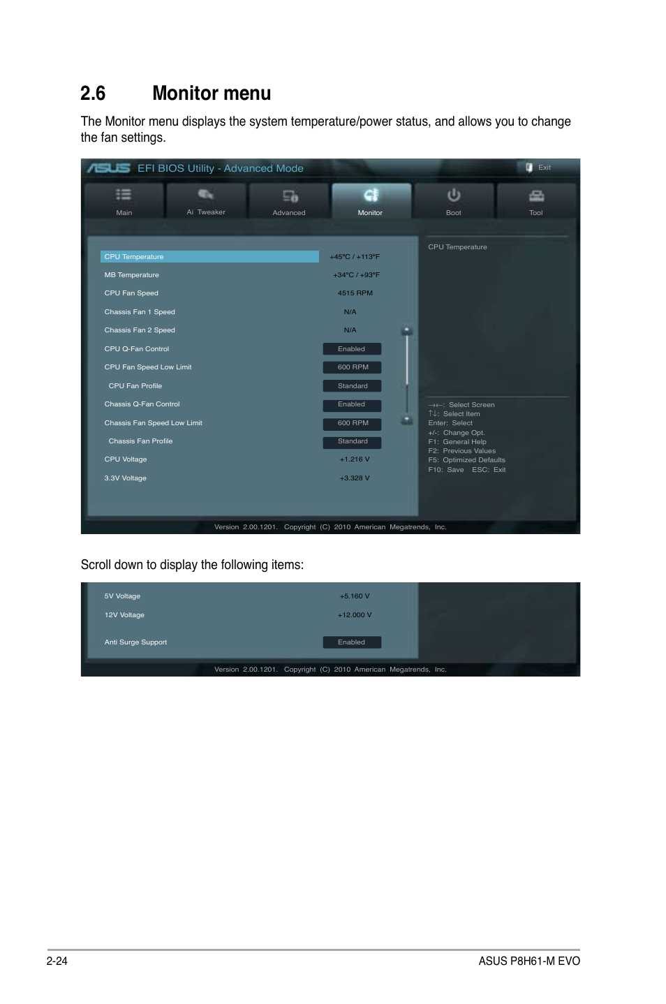 6 monitor menu, Monitor menu -24, Scroll down to display the following items | Efi bios utility - advanced mode | Asus P8H61-M EVO User Manual | Page 68 / 76