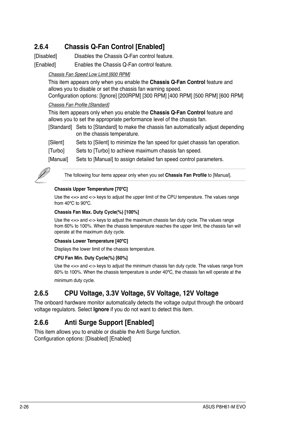 4 chassis q-fan control [enabled, 6 anti surge support [enabled, Chassis q-fan control [enabled] -26 | Anti surge support [enabled] -26 | Asus P8H61-M EVO User Manual | Page 70 / 76
