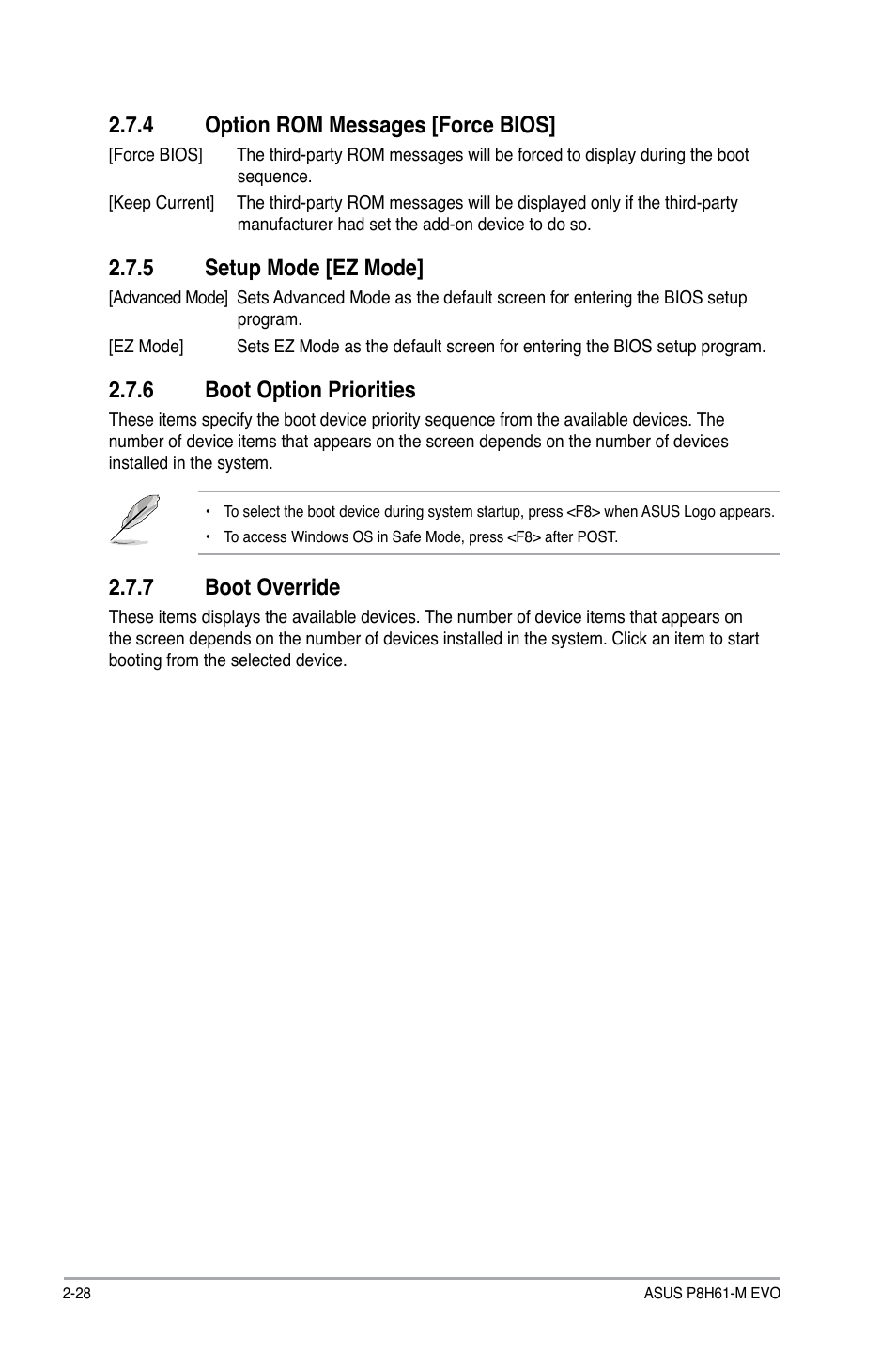 4 option rom messages [force bios, 5 setup mode [ez mode, 6 boot option priorities | 7 boot override, Option rom messages [force bios] -28, Setup mode [ez mode] -28, Boot option priorities -28, Boot override -28 | Asus P8H61-M EVO User Manual | Page 72 / 76