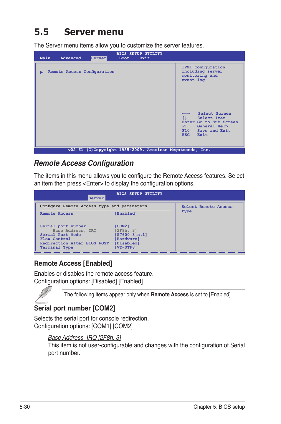 5 server menu, Server menu -30, Remote access configuration | Remote access [enabled, Serial port number [com2 | Asus TS500-E6/PS4 User Manual | Page 100 / 162