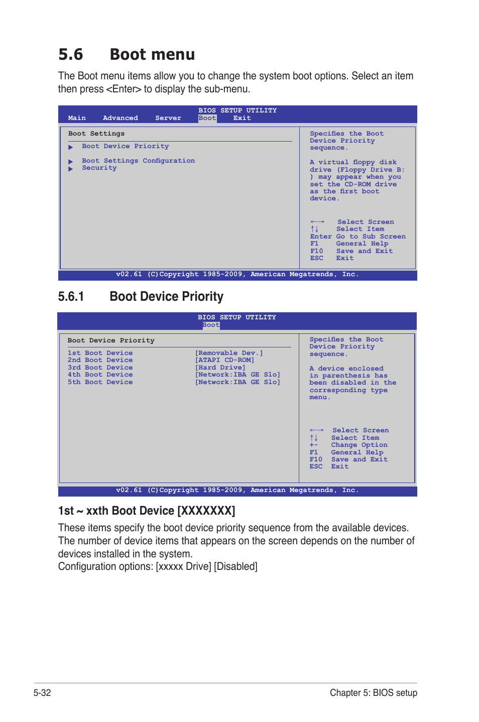 6 boot menu, 1 boot device priority, Boot menu -32 5.6.1 | Boot device priority -32 | Asus TS500-E6/PS4 User Manual | Page 102 / 162