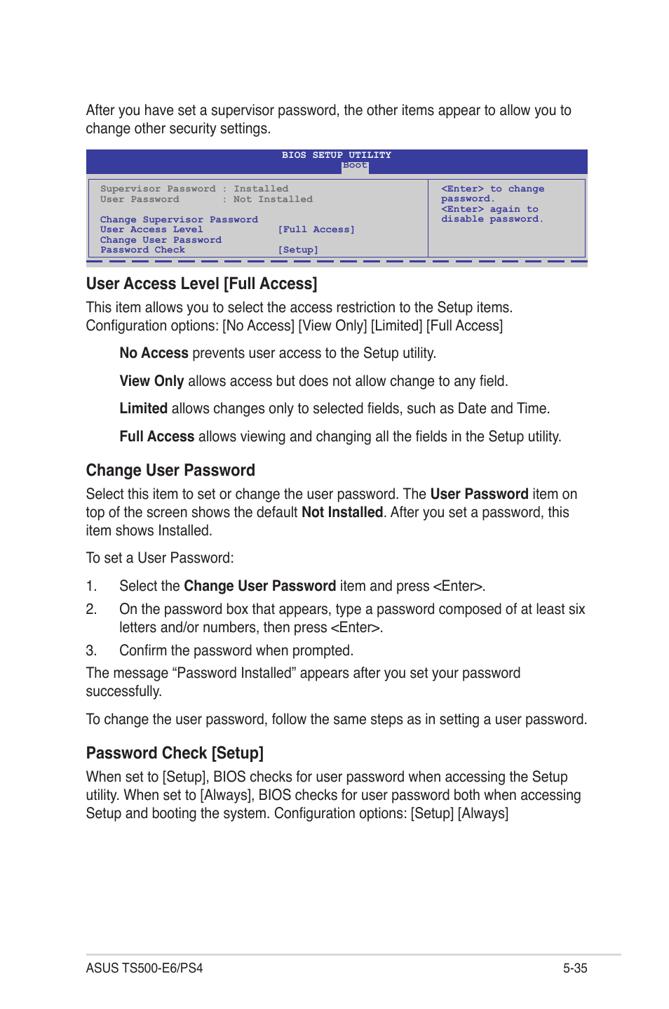 User access level [full access, Change user password, Password check [setup | Asus TS500-E6/PS4 User Manual | Page 105 / 162