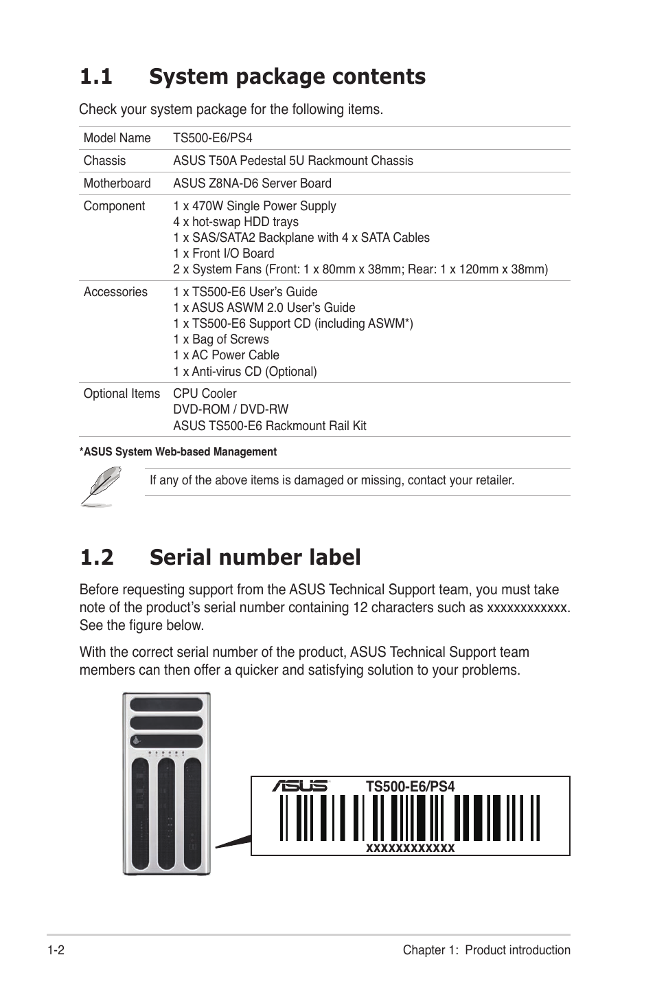 1 system package contents, 2 serial number label, System package contents -2 | Serial number label -2 | Asus TS500-E6/PS4 User Manual | Page 12 / 162