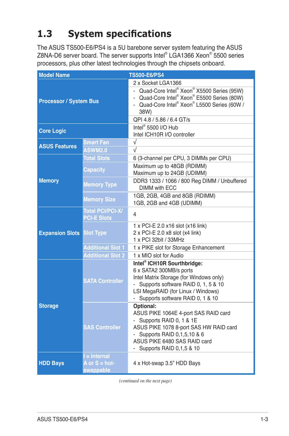 3 system specifications, System specifications -3 | Asus TS500-E6/PS4 User Manual | Page 13 / 162