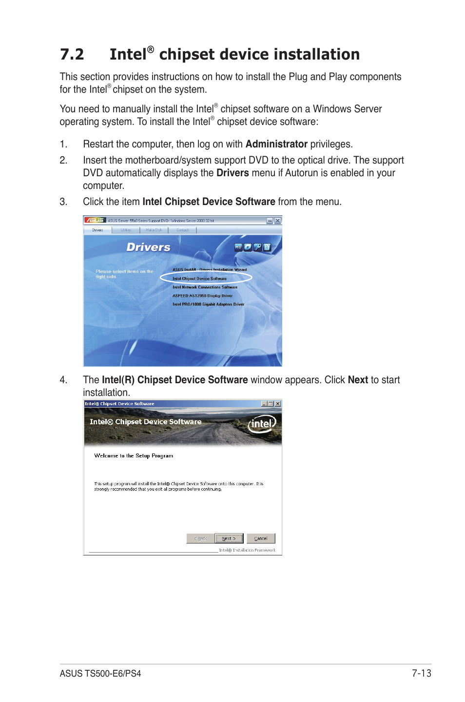 2 intel® chipset device installation, Intel, Chipset device installation -13 | 2 intel, Chipset device installation | Asus TS500-E6/PS4 User Manual | Page 153 / 162