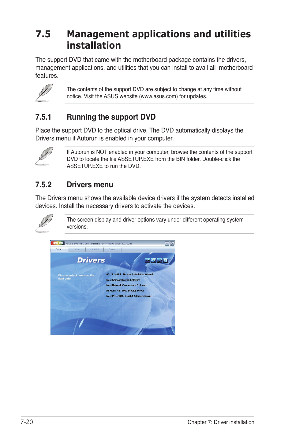 1 running the support dvd, 2 drivers menu, Running the support dvd -20 | Drivers menu -20 | Asus TS500-E6/PS4 User Manual | Page 160 / 162