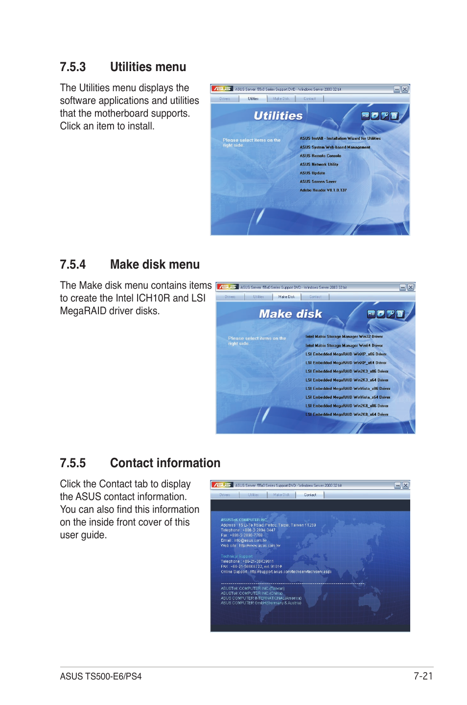 3 utilities menu, 4 make disk menu, 5 contact information | Utilities menu -21, Make disk menu -21, Contact information -21 | Asus TS500-E6/PS4 User Manual | Page 161 / 162