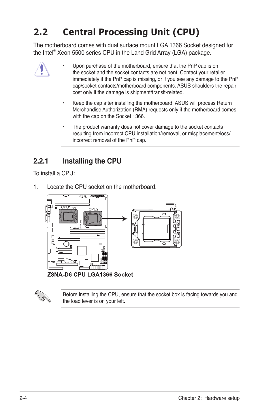 2 central processing unit (cpu), 1 installing the cpu, Central processing unit (cpu) -4 2.2.1 | Installing the cpu -4 | Asus TS500-E6/PS4 User Manual | Page 24 / 162