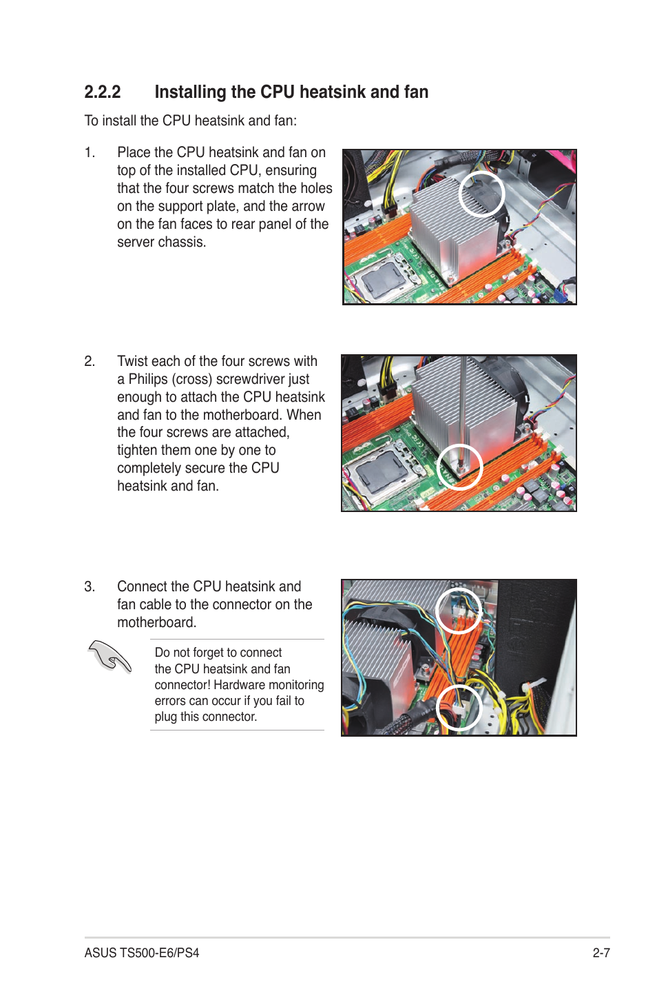 2 installing the cpu heatsink and fan, Installing the cpu heatsink and fan -7 | Asus TS500-E6/PS4 User Manual | Page 27 / 162