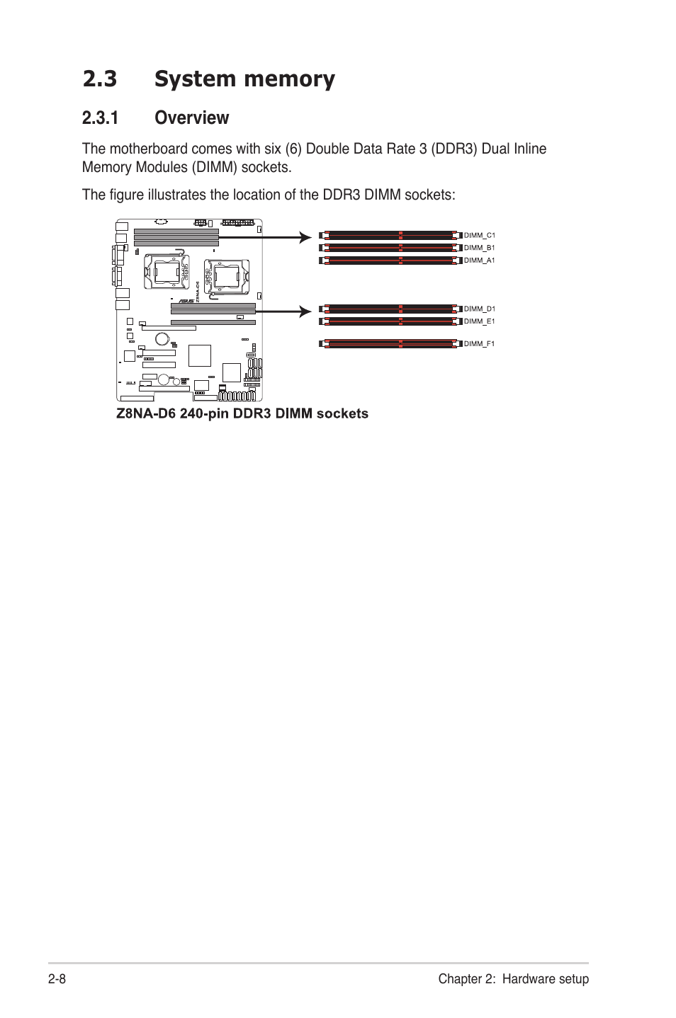 3 system memory, 1 overview, System memory -8 2.3.1 | Overview -8 | Asus TS500-E6/PS4 User Manual | Page 28 / 162