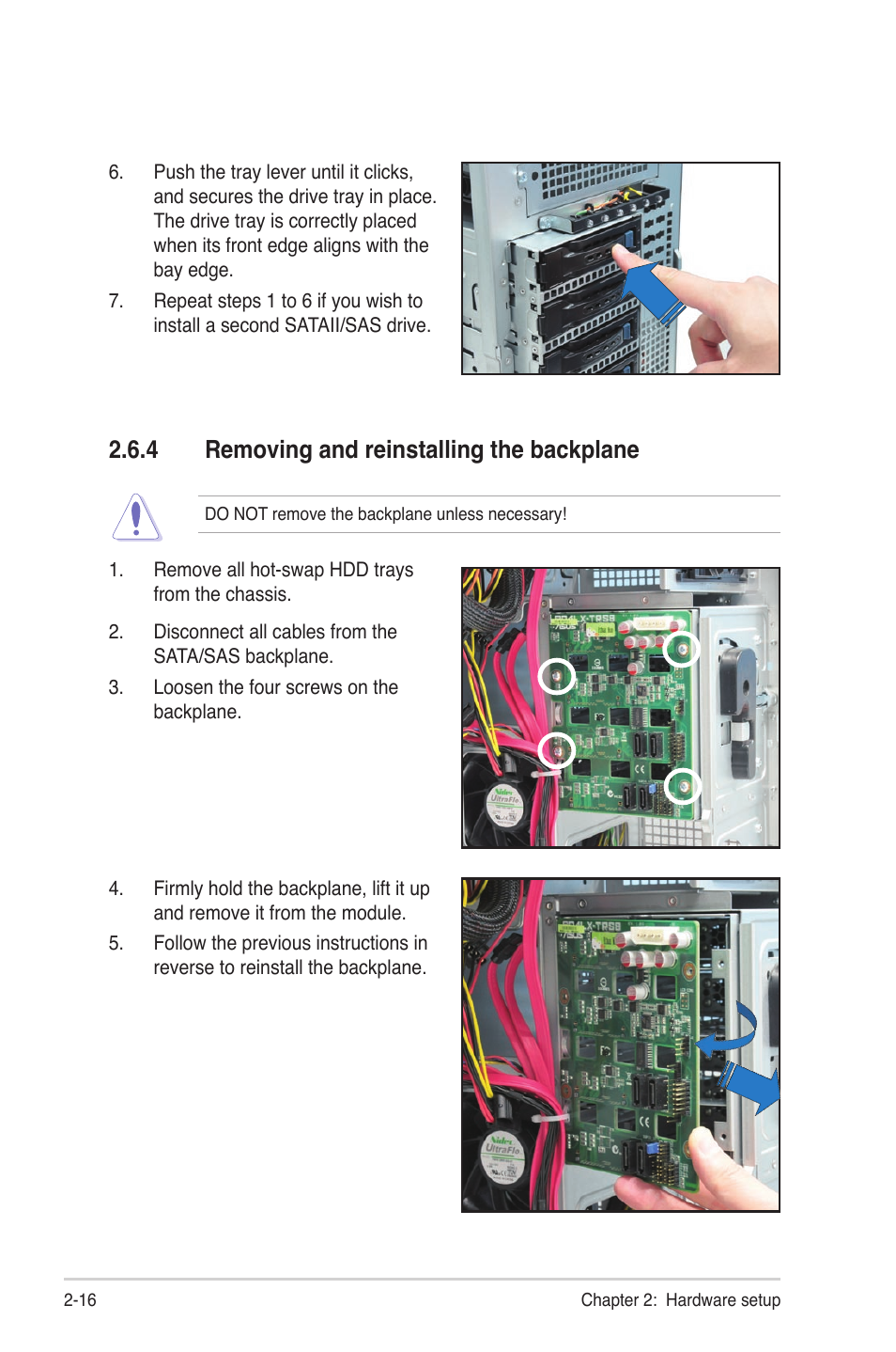 4 removing and reinstalling the backplane, Removing and reinstalling the backplane -16 | Asus TS500-E6/PS4 User Manual | Page 36 / 162