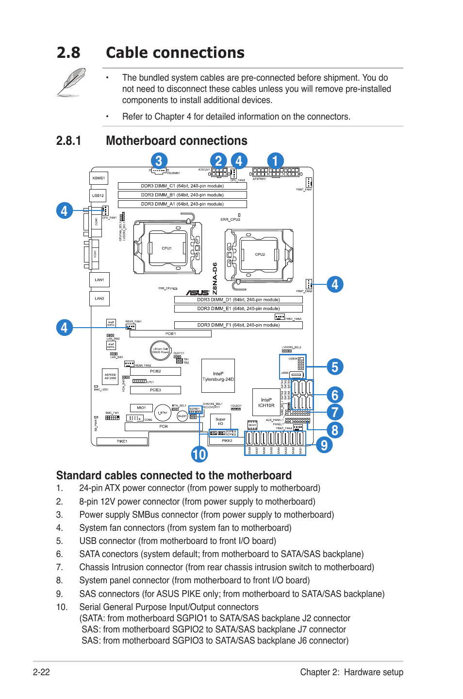 8 cable connections, 1 motherboard connections, Cable connections -22 2.8.1 | Motherboard connections -22 | Asus TS500-E6/PS4 User Manual | Page 42 / 162