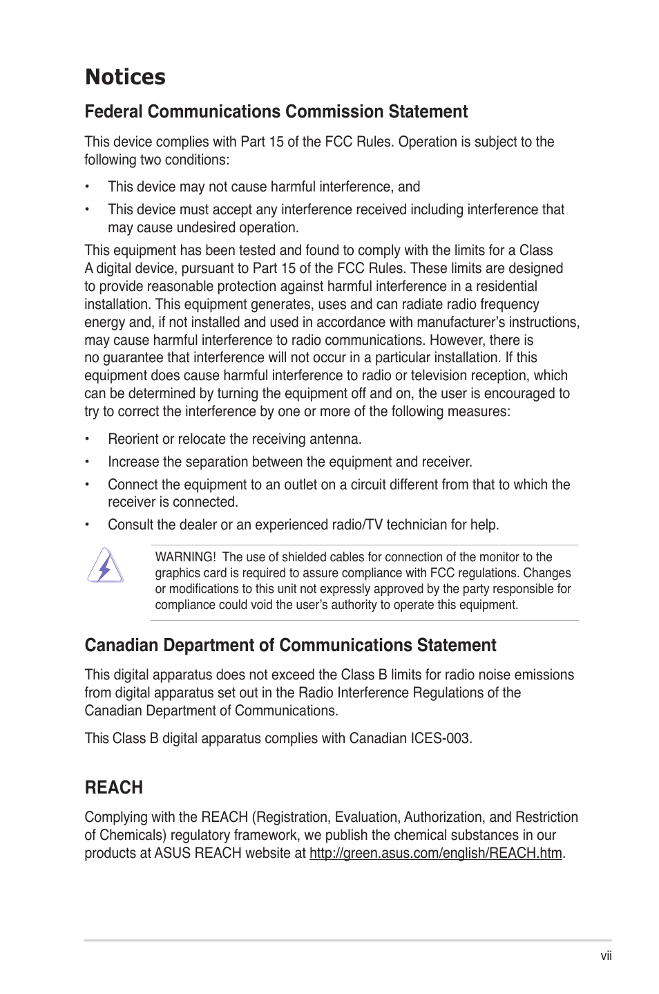 Notices, Federal communications commission statement, Canadian department of communications statement | Reach | Asus TS500-E6/PS4 User Manual | Page 7 / 162