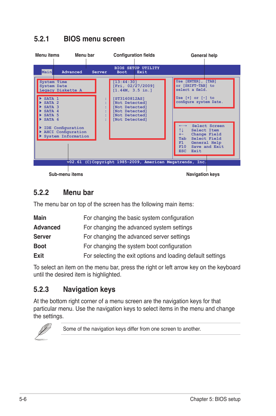 1 bios menu screen, 2 menu bar, 3 navigation keys | Bios menu screen -6, Menu bar -6, Navigation keys -6 | Asus TS500-E6/PS4 User Manual | Page 76 / 162