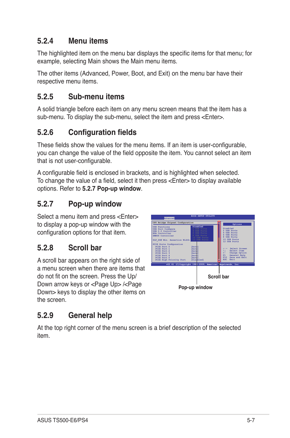 4 menu items, 5 sub-menu items, 6 configuration fields | 7 pop-up window, 8 scroll bar, 9 general help, Menu items -7, Sub-menu items -7, Configuration fields -7, Pop-up window -7 | Asus TS500-E6/PS4 User Manual | Page 77 / 162