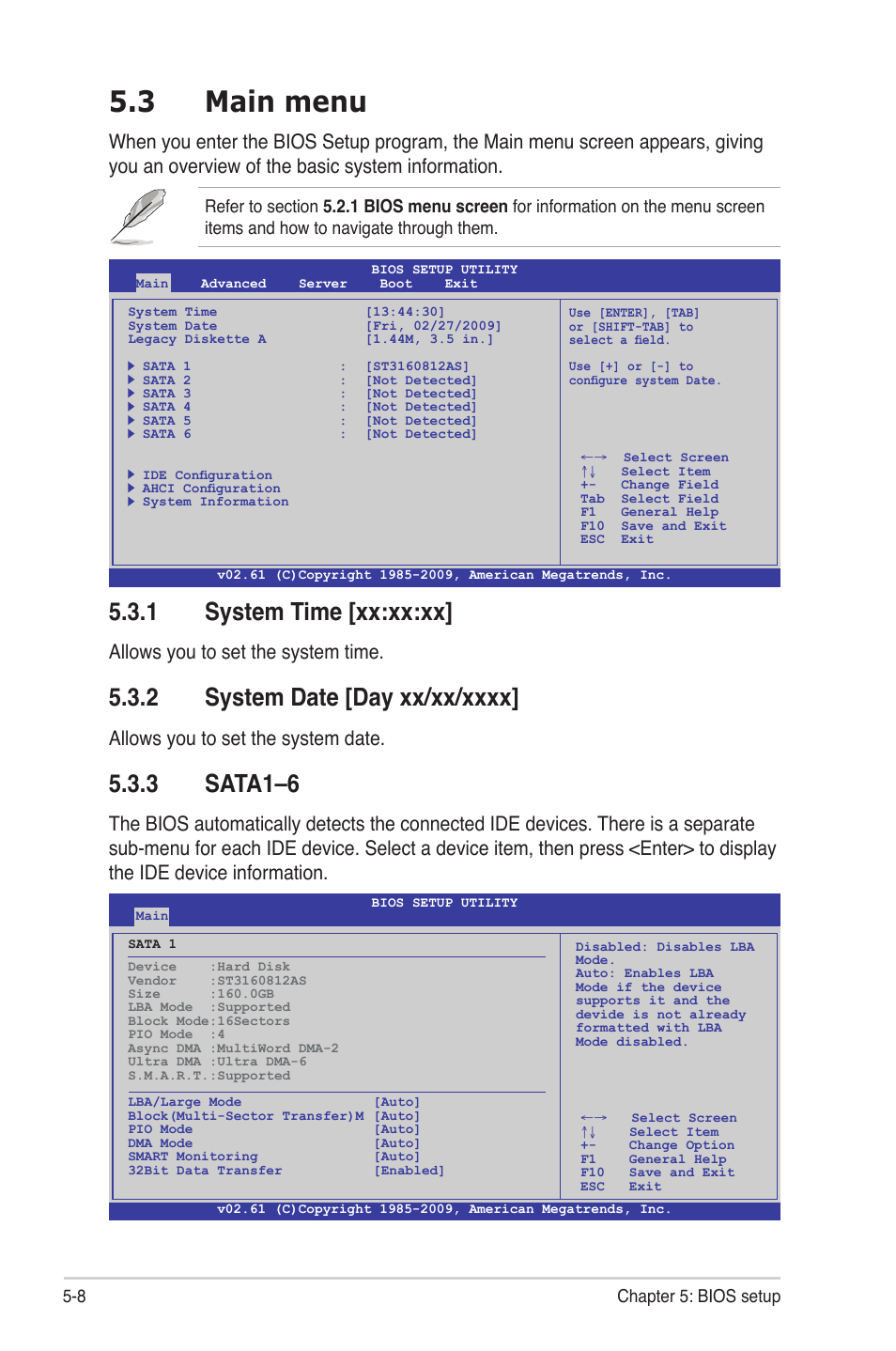 3 main menu, 1 system time [xx:xx:xx, 2 system date [day xx/xx/xxxx | 3 sata1–6, Main menu -8 5.3.1, System time -8, System date -8, Sata1–6 -8, Allows you to set the system time, Allows you to set the system date | Asus TS500-E6/PS4 User Manual | Page 78 / 162