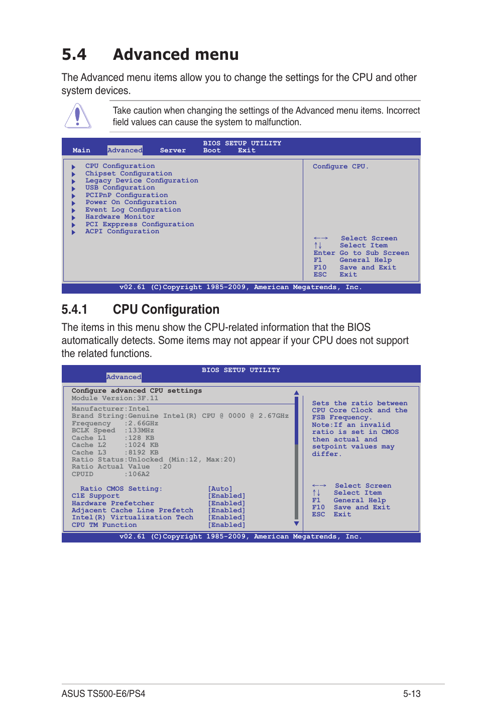4 advanced menu, 1 cpu configuration, Advanced menu -13 5.4.1 | Cpu configuration -13 | Asus TS500-E6/PS4 User Manual | Page 83 / 162