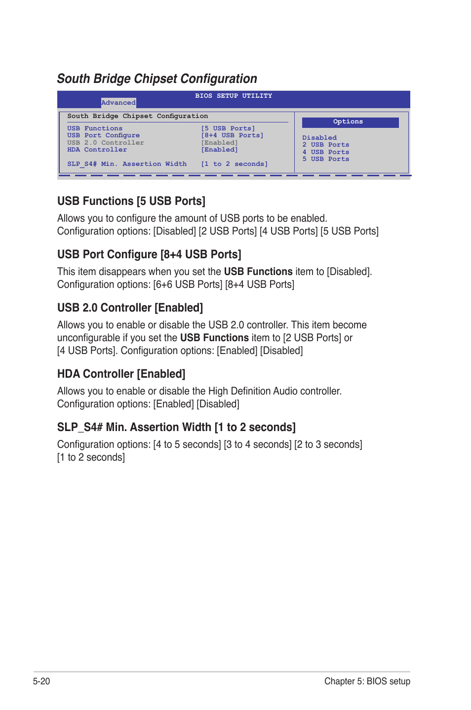 South bridge chipset configuration, Usb functions [5 usb ports, Usb port configure [8+4 usb ports | Usb 2.0 controller [enabled, Hda controller [enabled, Slp_s4# min. assertion width [1 to 2 seconds | Asus TS500-E6/PS4 User Manual | Page 90 / 162