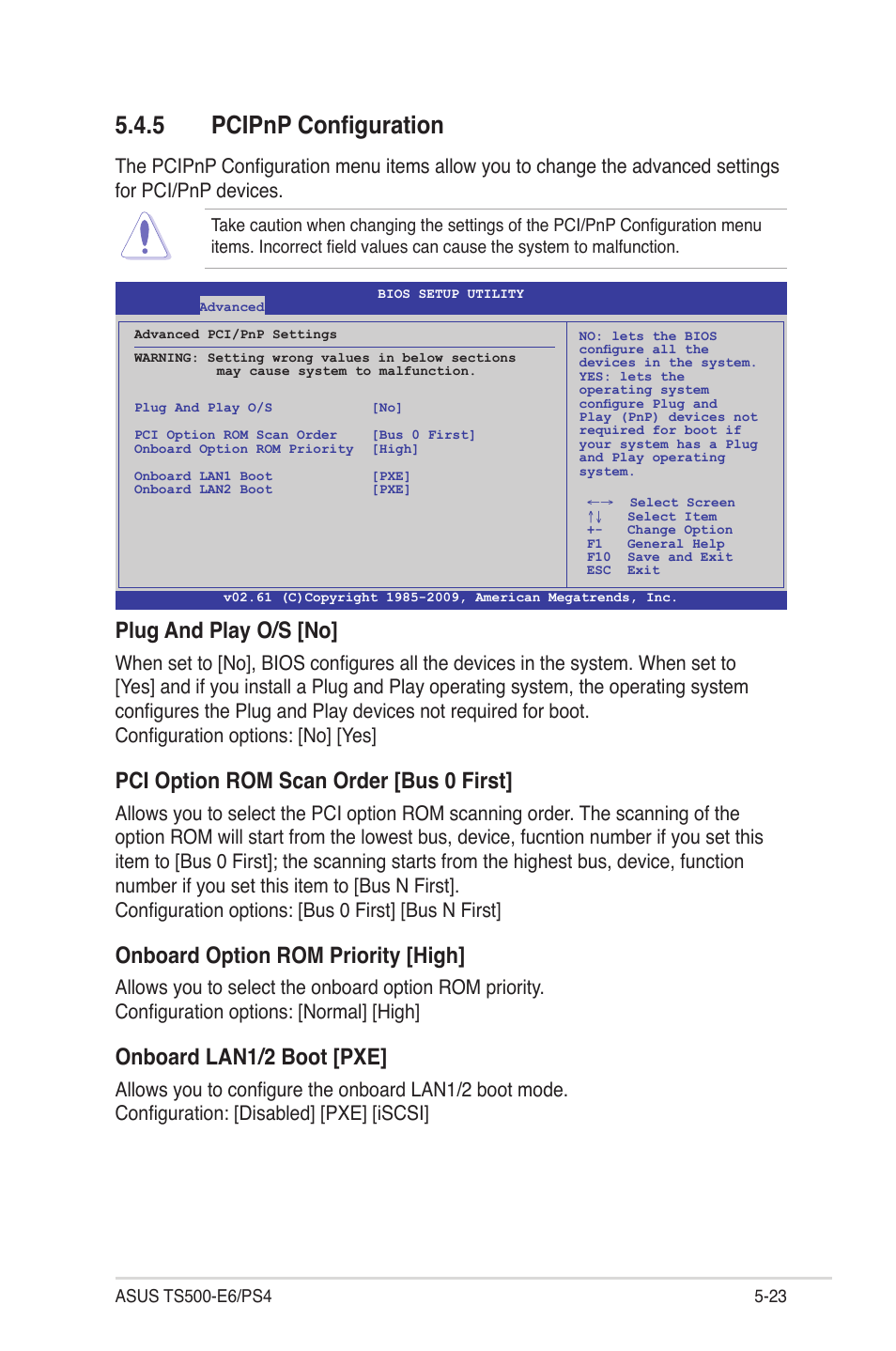 5 pcipnp configuration, Pcipnp configuration -23, Plug and play o/s [no | Pci option rom scan order [bus 0 first, Onboard option rom priority [high, Onboard lan1/2 boot [pxe | Asus TS500-E6/PS4 User Manual | Page 93 / 162