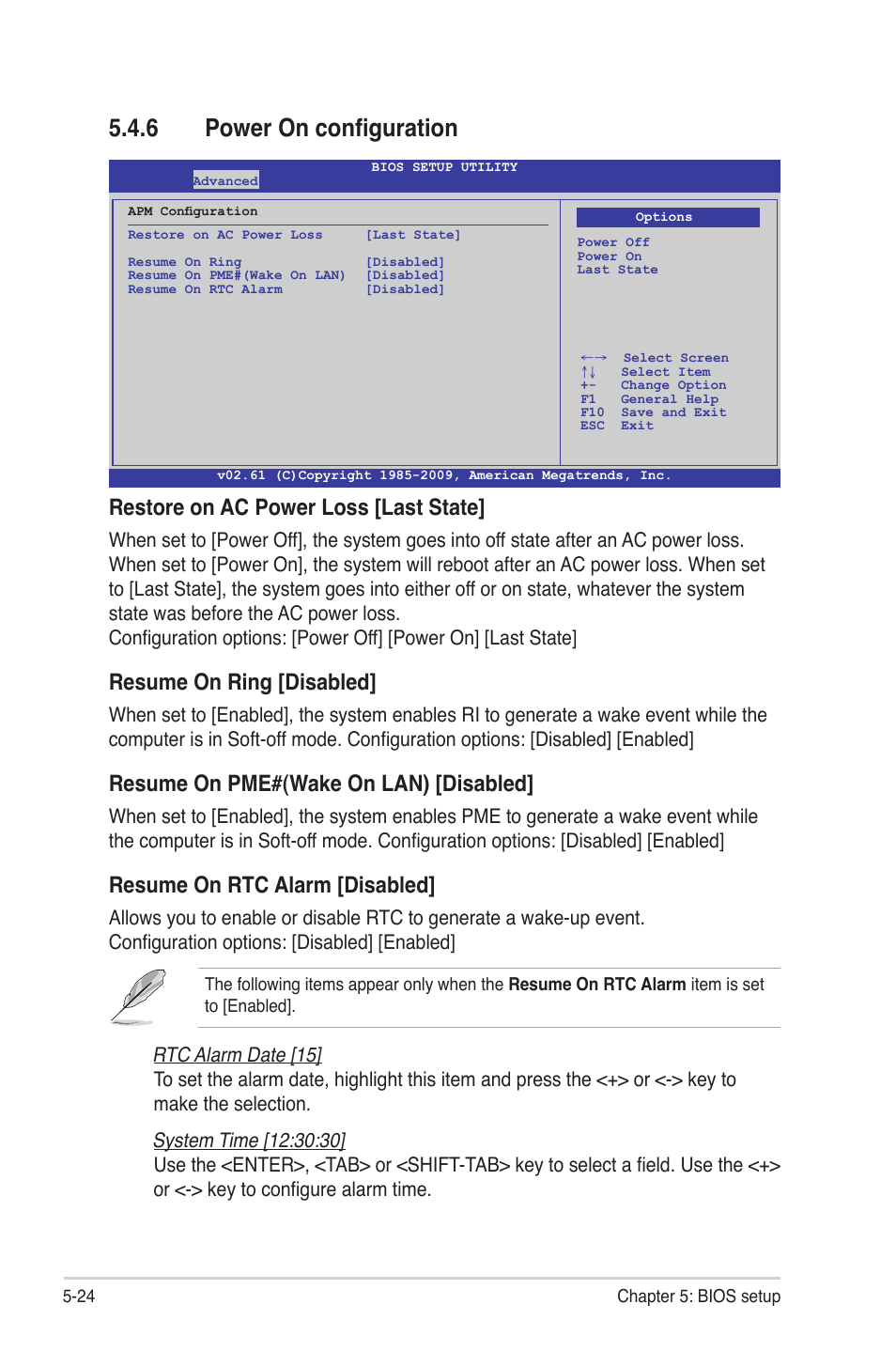 6 power on configuration, Power on configuration -24, Restore on ac power loss [last state | Resume on ring [disabled, Resume on pme#(wake on lan) [disabled, Resume on rtc alarm [disabled | Asus TS500-E6/PS4 User Manual | Page 94 / 162